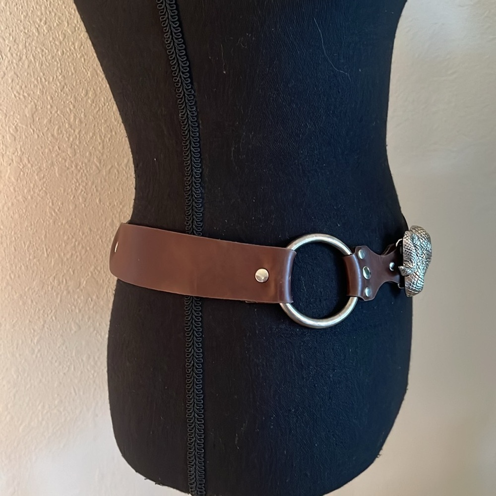 ESCADA Women’s Diamondback Snake Silver Tone Heavy Buckle Brown Leather Belt S/M - Picture 6 of 16